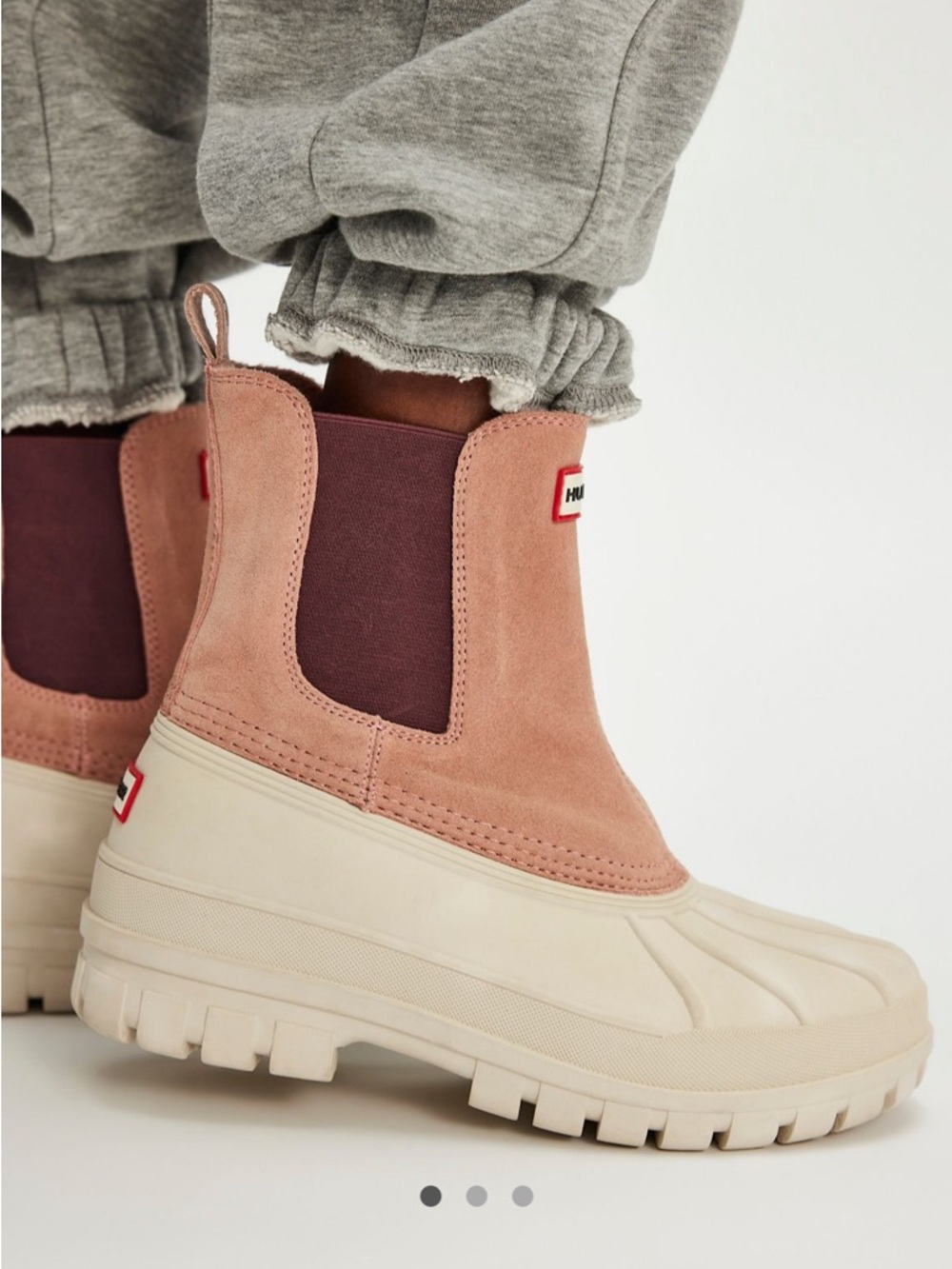 Hunter Pink Suede & Burgundy Elastic Chelsea Duck Boots